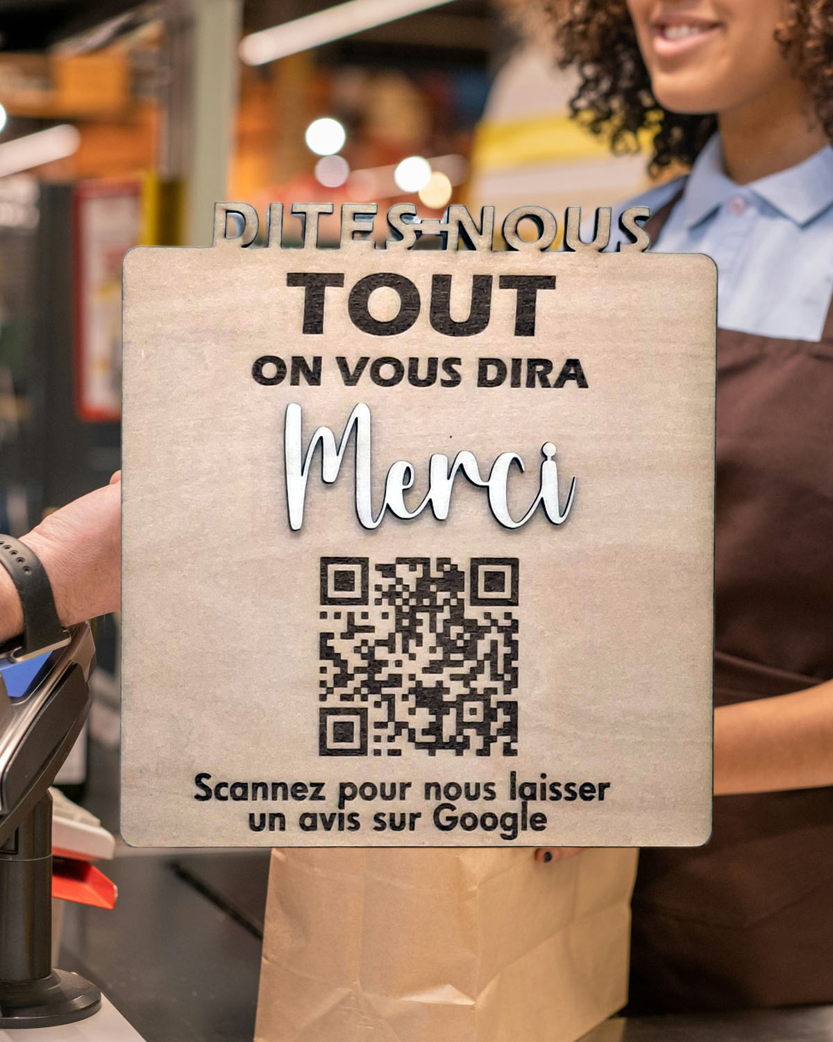 Plaque en bois QR code pour avis Google